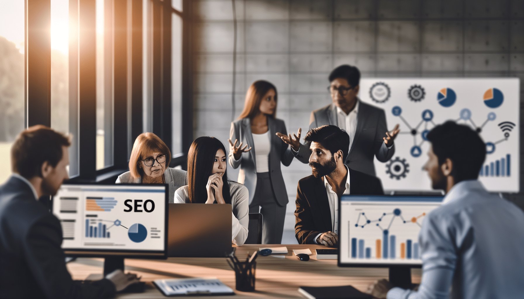 Eine Gruppe menschen in einem Büro die sich über die Funktionsweise von SEO unterhalten